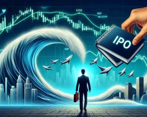 Create a realistic HD image illustrating the concept of hopping onto the IPO wave. Include elements like a sharp wave embodied with stock market figures rising high and a person clinching sleek portfolios representing fresh IPO stocks. Let the overall color scheme represent practicality and solemn business understanding.