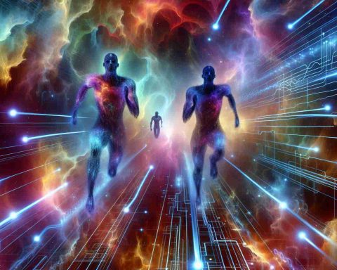 An ultra high-definition picture visualizing the concept of 'Quantum Race Heating Up'. Increase the dynamism by illustrating two metaphorical figures representing 'Rising Stars' in the field. They are racing through a nebulous realm of quantum bits and circuits, bathed in spectral hues that suggest the eerie and exciting allure of quantum computing.