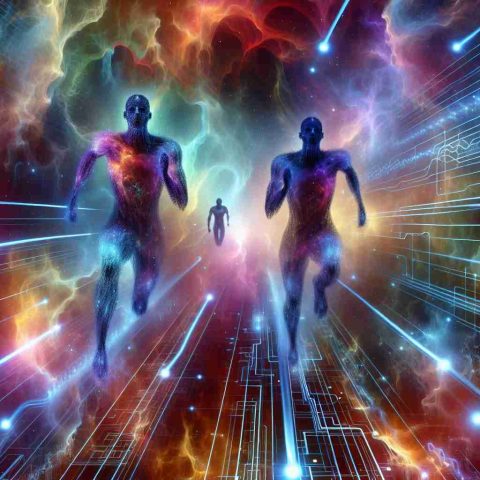 An ultra high-definition picture visualizing the concept of 'Quantum Race Heating Up'. Increase the dynamism by illustrating two metaphorical figures representing 'Rising Stars' in the field. They are racing through a nebulous realm of quantum bits and circuits, bathed in spectral hues that suggest the eerie and exciting allure of quantum computing.