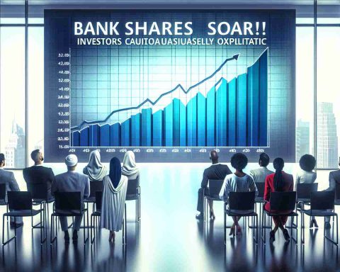 A realistic, high-definition image featuring the text 'Bank Shares Soar! Investors Cautiously Optimistic.' The image presents a conceptual representation of a rising graph, denoting the increase in bank shares. The colours used in the image are cool and sophisticated, playing with the notions of calm, business-like rationality. The backdrop might be a staid office environment. Various investors of different genders and descents, such as a Middle-Eastern woman, a Hispanic man, a Black woman, are displayed in the scene, observing the graph with expressions of cautious optimism.