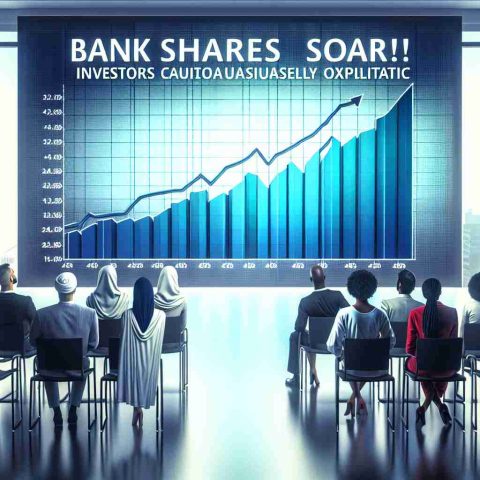 A realistic, high-definition image featuring the text 'Bank Shares Soar! Investors Cautiously Optimistic.' The image presents a conceptual representation of a rising graph, denoting the increase in bank shares. The colours used in the image are cool and sophisticated, playing with the notions of calm, business-like rationality. The backdrop might be a staid office environment. Various investors of different genders and descents, such as a Middle-Eastern woman, a Hispanic man, a Black woman, are displayed in the scene, observing the graph with expressions of cautious optimism.