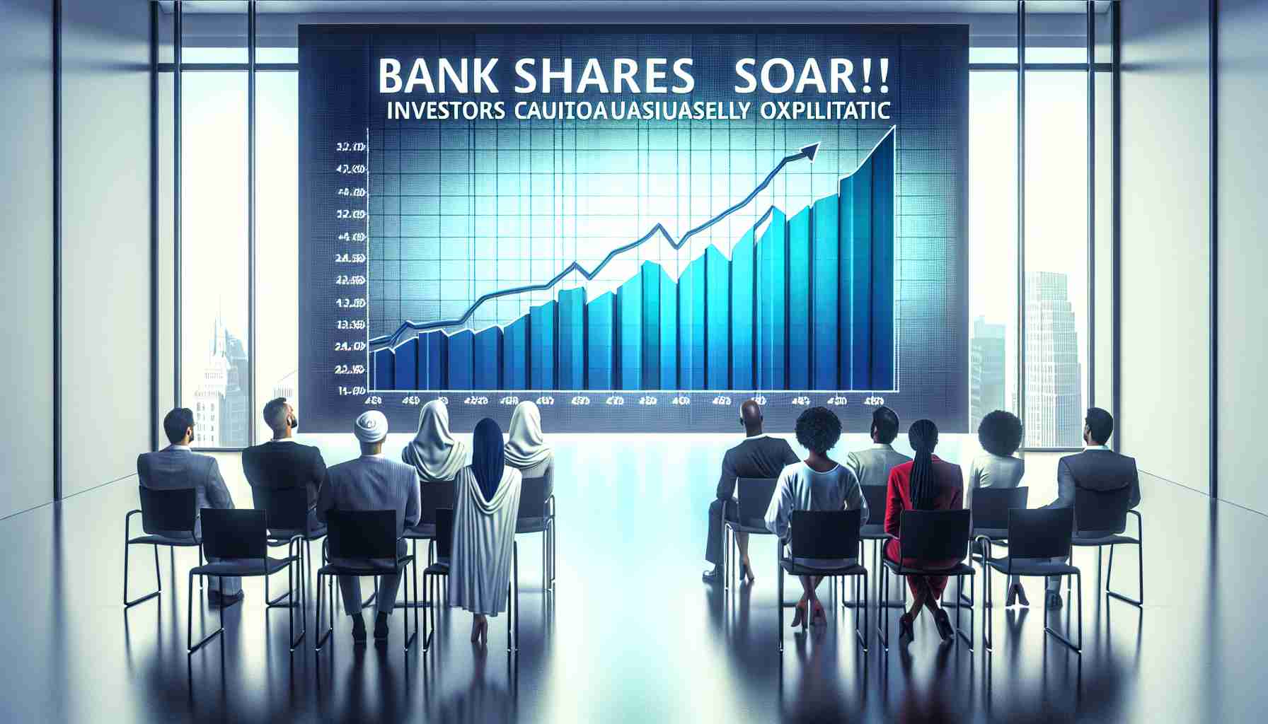 A realistic, high-definition image featuring the text 'Bank Shares Soar! Investors Cautiously Optimistic.' The image presents a conceptual representation of a rising graph, denoting the increase in bank shares. The colours used in the image are cool and sophisticated, playing with the notions of calm, business-like rationality. The backdrop might be a staid office environment. Various investors of different genders and descents, such as a Middle-Eastern woman, a Hispanic man, a Black woman, are displayed in the scene, observing the graph with expressions of cautious optimism.