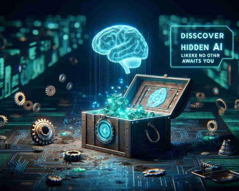 Create a hyper-realistic, high-definition graphic of the concept 'Discover the Hidden AI Treasure'. The scene should show a treasure chest partially buried in digital code, representing the discovery of AI. It could be situated in a cyberspace environment, glowing with green or blue hues. Some example treasures inside could be a holographic brain symbolizing intelligence, a gear to represent mechanics, and a circuit board for electronics. An 'Opportunity Like No Other Awaits You' banner should also be floating in the foreground, beckoning viewers to this unique opportunity.