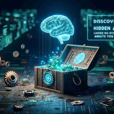 Create a hyper-realistic, high-definition graphic of the concept 'Discover the Hidden AI Treasure'. The scene should show a treasure chest partially buried in digital code, representing the discovery of AI. It could be situated in a cyberspace environment, glowing with green or blue hues. Some example treasures inside could be a holographic brain symbolizing intelligence, a gear to represent mechanics, and a circuit board for electronics. An 'Opportunity Like No Other Awaits You' banner should also be floating in the foreground, beckoning viewers to this unique opportunity.