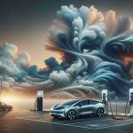 Create a highly detailed and realistic image displaying a scene related to the revolutionary advancements in electric vehicle charging technology. Showcase a sleek, modern electric vehicle parked at an advanced charging station. On the sky, compose dynamic, majestically swirling clouds that seem to symbolize the brewing revolution. In the foreground, include a billboard or sign that reads, 'Is Your Car Ready?'