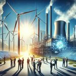 Realistic high-definition image conceptually representing the phenomenon of major companies investing billions into renewable energy. The scene could include tall wind turbines against a blue sky, large solar panels under a blazing sun, and perhaps a factory in the backdrop with company logos displayed on it. Businesspeople could be portrayed energetically discussing business plans in the foreground, demonstrating activity and engagement in the renewable energy sector. Please maintain an abstract and symbolic interpretation of the concept instead of literal depictions of specific companies.