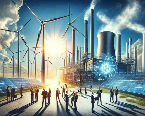 Realistic high-definition image conceptually representing the phenomenon of major companies investing billions into renewable energy. The scene could include tall wind turbines against a blue sky, large solar panels under a blazing sun, and perhaps a factory in the backdrop with company logos displayed on it. Businesspeople could be portrayed energetically discussing business plans in the foreground, demonstrating activity and engagement in the renewable energy sector. Please maintain an abstract and symbolic interpretation of the concept instead of literal depictions of specific companies.