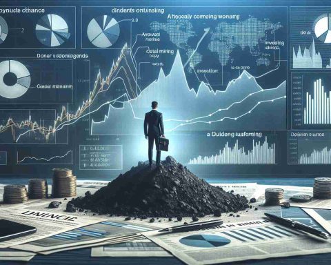 Create a realistic, high-definition image of a finance or investing themed scene, featuring headlines and news updates about a significant change in the performance of a theoretical coal mining company's stock. Include various types of data visualization such as pie charts, line graphs, and bar charts to present the sudden turn and its potential implications for investors.