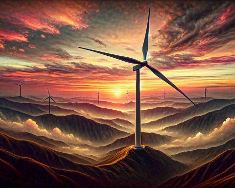 Generate a high-definition, realistic image depicting the majestic sight of a wind turbine standing tall amidst a vast landscape. The wind turbine, often referred to as the 'Wind Power Titan,' has once again started its operation, with its three gigantic blades slicing through the air with quiet efficiency. The backdrop should feature a sunrise painting the sky with hues of pinks and oranges, symbolizing a new dawn, a resurgence. Include in the picture the intricate details of the wind turbine's structure that hints at its greatly engineered design and technological advancements.