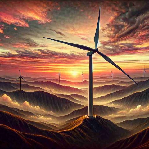 Generate a high-definition, realistic image depicting the majestic sight of a wind turbine standing tall amidst a vast landscape. The wind turbine, often referred to as the 'Wind Power Titan,' has once again started its operation, with its three gigantic blades slicing through the air with quiet efficiency. The backdrop should feature a sunrise painting the sky with hues of pinks and oranges, symbolizing a new dawn, a resurgence. Include in the picture the intricate details of the wind turbine's structure that hints at its greatly engineered design and technological advancements.