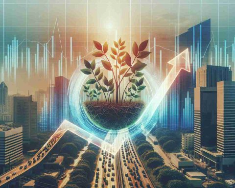 Generate a high-definition, realistic image representing the concept of high growth opportunity for investment in an unspecified corporation in India. The image could possibly include symbolic elements such as growing plants, a rising graph chart, or an upward arrow, overlaid on a backdrop of an anonymous Indian cityscape or office buildings.