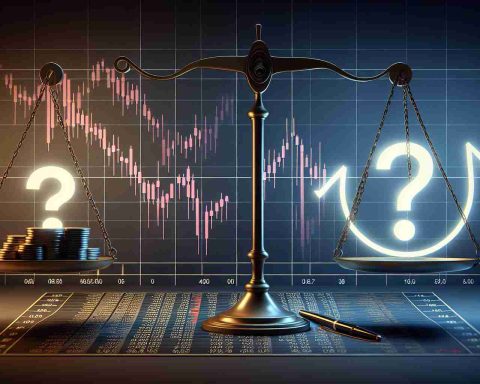 An HD illustration depicting the concept of a stock plummet versus an opportunity. Display a chart with ticking numbers and two pointers; one pointing downwards signifying a plummet, and the other pointing upwards symbolizing an opportunity. Beside the chart should ne a balance scale, symbolizing the uncertainty of verdict. Encircle this with a question mark to emphasize the ambiguity. The image must exude a realistic ambiance.