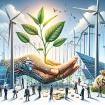 A realistic, high-definition illustration depicting the concept of green revolution, symbolized by a pair of human hands holding a young plant with growing leaves against the backdrop of towering wind turbines. Also pictured are solar panels and high-tech equipment representing the future of clean, renewable energy. Intertwined in this scene is a group of investors, of varied ethnicities and genders, scrutinizing the green innovations with optimism and careful consideration. The abstract concept of 'investment' can be symbolized by bundles of currency or coins scattered around the scene. Express the notion of Siemens Energy without explicitly mentioning the company.