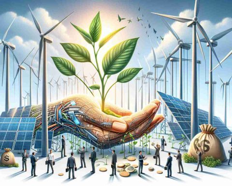 A realistic, high-definition illustration depicting the concept of green revolution, symbolized by a pair of human hands holding a young plant with growing leaves against the backdrop of towering wind turbines. Also pictured are solar panels and high-tech equipment representing the future of clean, renewable energy. Intertwined in this scene is a group of investors, of varied ethnicities and genders, scrutinizing the green innovations with optimism and careful consideration. The abstract concept of 'investment' can be symbolized by bundles of currency or coins scattered around the scene. Express the notion of Siemens Energy without explicitly mentioning the company.