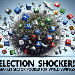 A high-definition, realistic image depicting the headline 'Election Shocker! Market Sectors Poised for Wild Swings'. The image should include symbols or visual elements representing market sectors such as agriculture, finance, technology, and healthcare. These icons should be poised in a state of momentum, indicative of impending movement or wild swings.