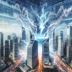 Generate a realistic high-definition image representing an electric shock phenomenon taking place at a financial district, symbolizing a surprising turn of events for a prominent electric vehicle company. Can include visual metaphors such as abstract lines of electricity jumping between skyscrapers, or a screen displaying fluctuating stock markets for a renewable energy focused company.