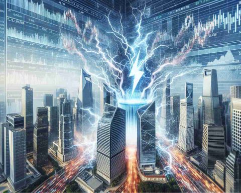 Generate a realistic high-definition image representing an electric shock phenomenon taking place at a financial district, symbolizing a surprising turn of events for a prominent electric vehicle company. Can include visual metaphors such as abstract lines of electricity jumping between skyscrapers, or a screen displaying fluctuating stock markets for a renewable energy focused company.