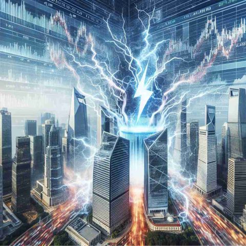 Generate a realistic high-definition image representing an electric shock phenomenon taking place at a financial district, symbolizing a surprising turn of events for a prominent electric vehicle company. Can include visual metaphors such as abstract lines of electricity jumping between skyscrapers, or a screen displaying fluctuating stock markets for a renewable energy focused company.