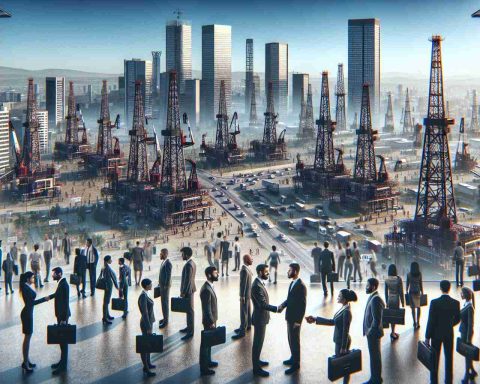 High-level, photorealistic imagery of an energy boom in the city of Aberdeen. Depict countless oil derricks set against the backdrop of a bustling city, with visibly eager job seekers of varied genders and descents like Caucasian, Black, Middle-Eastern, and Asian. Capture the aura of opportunity and prosperity synonymous with an economic boom. Include elements like job ads dotted around the city, activity at employment offices, and people shaking hands after successful job interviews.