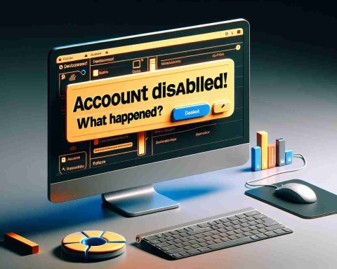 A high-definition, realistic image displaying a computer screen with a message popping up stating 'Account Disabled! What Happened?' in attention-grabbing bold lettering. The screen should display typical elements of a digital workspace, such as a file explorer, a web browser icon, or a notepad. The background of the pop-up should be prominently contrasted against the rest of the screen, making it immediately noticeable.