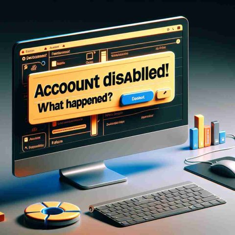 A high-definition, realistic image displaying a computer screen with a message popping up stating 'Account Disabled! What Happened?' in attention-grabbing bold lettering. The screen should display typical elements of a digital workspace, such as a file explorer, a web browser icon, or a notepad. The background of the pop-up should be prominently contrasted against the rest of the screen, making it immediately noticeable.