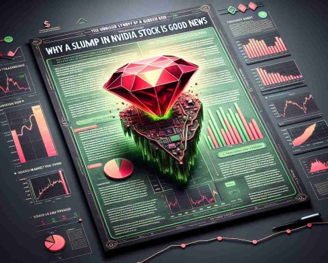 A high-definition, realistic infographic image representing the concept of 'Why a slump in Nvidia stock is good news'. It includes a unique depiction of a hidden gem as a visual metaphor, and the tagline 'The Untold Story of a Hidden Gem'. The image layout features stock market graphs and trends, the Nvidia logo, and text blurbs to elaborate on the concept.