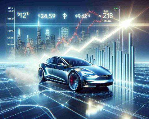 Render a high-definition, realistic image of a stock price surge depicted as a skyrocketing line on a graph. The graph should be labeled with generic signs of strong market performance and successful economics. Replace specific references to 'Tesla' and introduce a futuristic, clean energy automobile in the backdrop to suggest the context of a thriving electric car industry.