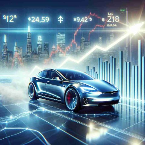 Render a high-definition, realistic image of a stock price surge depicted as a skyrocketing line on a graph. The graph should be labeled with generic signs of strong market performance and successful economics. Replace specific references to 'Tesla' and introduce a futuristic, clean energy automobile in the backdrop to suggest the context of a thriving electric car industry.