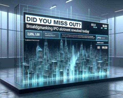 A realistic, high-definition visual representation of a news headline in bold letters announcing 'Did You Miss Out? Groundbreaking IPO Allotment Revealed Today'. The headline should be displayed on a digital screen with a modern and futuristic feel to it. Through the translucent screen behind, there should be an abstract representation of a bustling cityscape symbolizing the busy financial market. The overall color tone should be cool and professional.