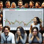 A realistic HD depiction of a group of people reacting differently to a monitor displaying stock market information. The group is divided into two: one half is visibly elated, laughing and celebrating, perhaps implying they are making a profit. They are diverse in gender and descent, including Hispanic and Caucasian women, and Middle-Eastern and South Asian men. The other half, contrasting with the jubilant first group, shows worry and anxiety. This second group also includes a variety of people, with Black and White men, and Hispanic and Middle-Eastern women. Symbolizing a volatile stock everyone's keeping an eye on.