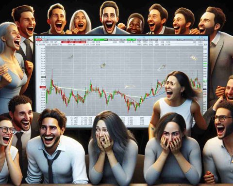 A realistic HD depiction of a group of people reacting differently to a monitor displaying stock market information. The group is divided into two: one half is visibly elated, laughing and celebrating, perhaps implying they are making a profit. They are diverse in gender and descent, including Hispanic and Caucasian women, and Middle-Eastern and South Asian men. The other half, contrasting with the jubilant first group, shows worry and anxiety. This second group also includes a variety of people, with Black and White men, and Hispanic and Middle-Eastern women. Symbolizing a volatile stock everyone's keeping an eye on.