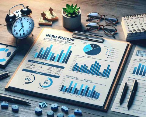 Realistic HD image depicting the concept of the Initial Public Offering of a fictional financial institution called 'Hero FinCorp'. The image shows documents marked with graphs and stats indicating robust plans, surrounded by a table clock and a calendar symbolizing a possible upcoming market debut.