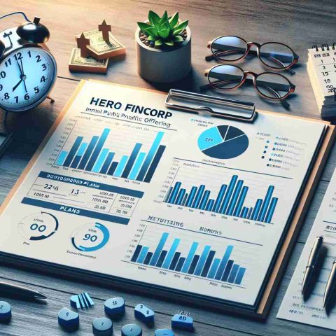 Realistic HD image depicting the concept of the Initial Public Offering of a fictional financial institution called 'Hero FinCorp'. The image shows documents marked with graphs and stats indicating robust plans, surrounded by a table clock and a calendar symbolizing a possible upcoming market debut.