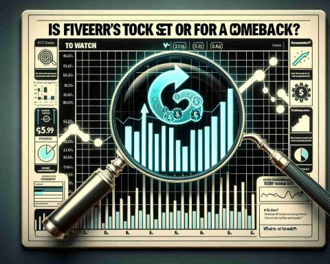 Generate a detailed realistic hd image depicting a symbolic representation of Fiverr's stock potentially making a comeback. Include a chart showing upward movement, a magnifying glass observing the chart, and the title 'Is Fiverr’s Stock Set for a Comeback?' in bold letters at the top. There should also be a list of points labelled 'What to Watch' with various financial indicators.