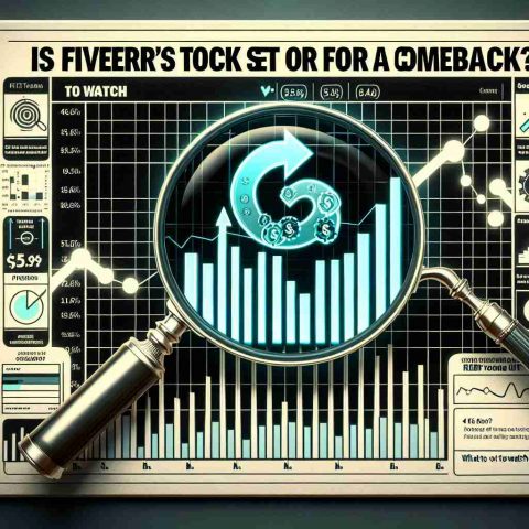 Generate a detailed realistic hd image depicting a symbolic representation of Fiverr's stock potentially making a comeback. Include a chart showing upward movement, a magnifying glass observing the chart, and the title 'Is Fiverr’s Stock Set for a Comeback?' in bold letters at the top. There should also be a list of points labelled 'What to Watch' with various financial indicators.