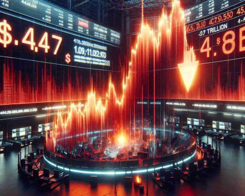 A highly detailed and realistic image portraying a significant financial crisis, symbolized metaphorically by a glowing red stock market graph seen plunging dramatically. In the image, there should be an emphasis on the numbers representing a drop of ₹47 Trillion. The scene could be located in a busy trading floor with screens broadcasting the news of this financial downturn. Please provide this image in a high-definition format.