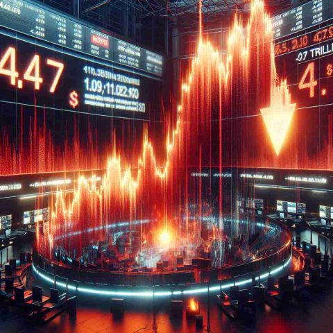 A highly detailed and realistic image portraying a significant financial crisis, symbolized metaphorically by a glowing red stock market graph seen plunging dramatically. In the image, there should be an emphasis on the numbers representing a drop of ₹47 Trillion. The scene could be located in a busy trading floor with screens broadcasting the news of this financial downturn. Please provide this image in a high-definition format.