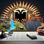 High-definition, realistic image of a conceptual representation for 'The Secret Behind Albania's Energy Breakthrough'. This could encompass a symbolic depiction of energy advancements like cutting-edge technologies, solar panels, wind turbines, hydroelectric power, or other innovative energy solutions. Alongside this, include a visual sign depicting a significant contract or agreement, indicating 'A Deal That Changes Everything'.