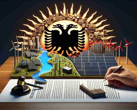 High-definition, realistic image of a conceptual representation for 'The Secret Behind Albania's Energy Breakthrough'. This could encompass a symbolic depiction of energy advancements like cutting-edge technologies, solar panels, wind turbines, hydroelectric power, or other innovative energy solutions. Alongside this, include a visual sign depicting a significant contract or agreement, indicating 'A Deal That Changes Everything'.