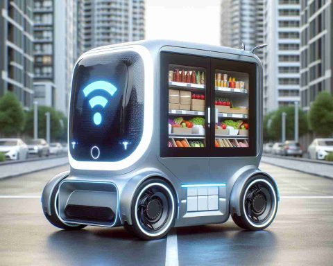 High-definition, realistic image of an innovative, autonomous delivery vehicle symbolizing the future of food delivery service. The vehicle is equipped with cutting-edge artificial intelligence technology. It navigates through city streets, heading to its destination, while ensuring both speed and safety. It has a compartment for food, designed to maintain the temperature and freshness of meals during transit. The device is branded with the logo of a hypothetical food delivery company, showcasing its commitment to revolutionizing the food delivery industry.