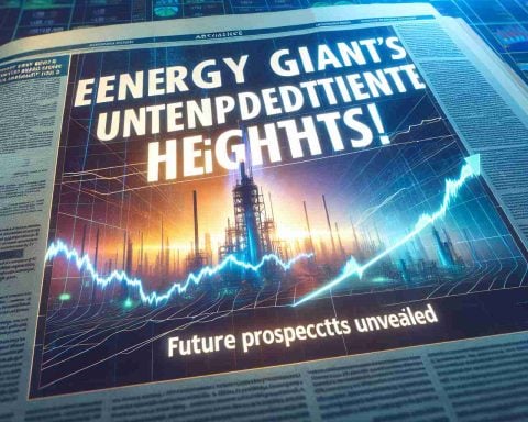 An article-style headline image stating the phrase 'Energy Giant's Stock Hits Unprecedented Heights! Future Prospects Unveiled.' The article title is in large bold letters at the top of the page. The image is a high-definition, realistic picture of a stock market graph with a line that is soaring upwards to reflect the surge in stock. In the background, there should be a subtle silhouette of an industrial landscape symbolizing the energy sector. The colors are vibrant, yet professional. The overall appearance should portray the evolving nature and bright future of the energy industry.