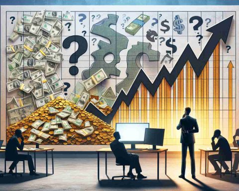 Create a realistic HD picture portraying the concept of 'profits soaring' as depicted by charts with an upward trajectory and heaps of money, juxtaposed with uncertain investors shown as silhouettes in thoughtful poses. The scene contains a hint of skepticism symbolized by question marks hovering in the background. Also, weave in elements of a mystery or 'hidden story' represented by enigmatic pieces of a jigsaw puzzle scattered around the frame.