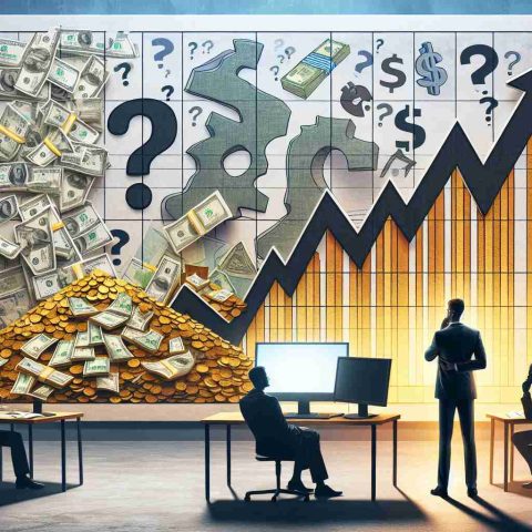 Create a realistic HD picture portraying the concept of 'profits soaring' as depicted by charts with an upward trajectory and heaps of money, juxtaposed with uncertain investors shown as silhouettes in thoughtful poses. The scene contains a hint of skepticism symbolized by question marks hovering in the background. Also, weave in elements of a mystery or 'hidden story' represented by enigmatic pieces of a jigsaw puzzle scattered around the frame.