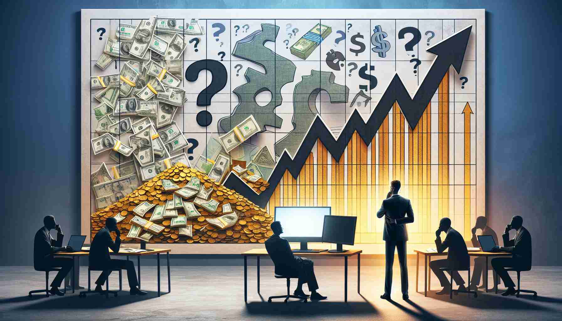 Create a realistic HD picture portraying the concept of 'profits soaring' as depicted by charts with an upward trajectory and heaps of money, juxtaposed with uncertain investors shown as silhouettes in thoughtful poses. The scene contains a hint of skepticism symbolized by question marks hovering in the background. Also, weave in elements of a mystery or 'hidden story' represented by enigmatic pieces of a jigsaw puzzle scattered around the frame.