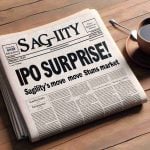 Generate a realistic HD image of a newspaper headline reading 'IPO Surprise! Sagility’s Move Stuns Market.' The composition should include the newspaper laid on a wooden table with a cup of coffee beside it, indicating someone is reading the news in the early morning. The headline is in bold, black font against the white background of the newspaper.