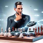 A realistic HD image depicting a generic corporate executive who resembles a popular entrepreneur, making a strategic move on a chessboard. The chess pieces are stylized to represent car models, hinting at decisions impacting the stock of a major electric automotive company.