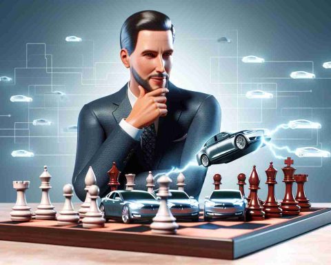 A realistic HD image depicting a generic corporate executive who resembles a popular entrepreneur, making a strategic move on a chessboard. The chess pieces are stylized to represent car models, hinting at decisions impacting the stock of a major electric automotive company.