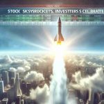 Create a high-definition, realistic image of a rising stock market, symbolized by a rocket soaring high in the sky. The sky is bright and clear, reflecting a positive mood. Overlay this scene with financial news titles such as 'Stock Skyrockets, Investors Celebrate' to echo the excitement and optimism in the investing environment.