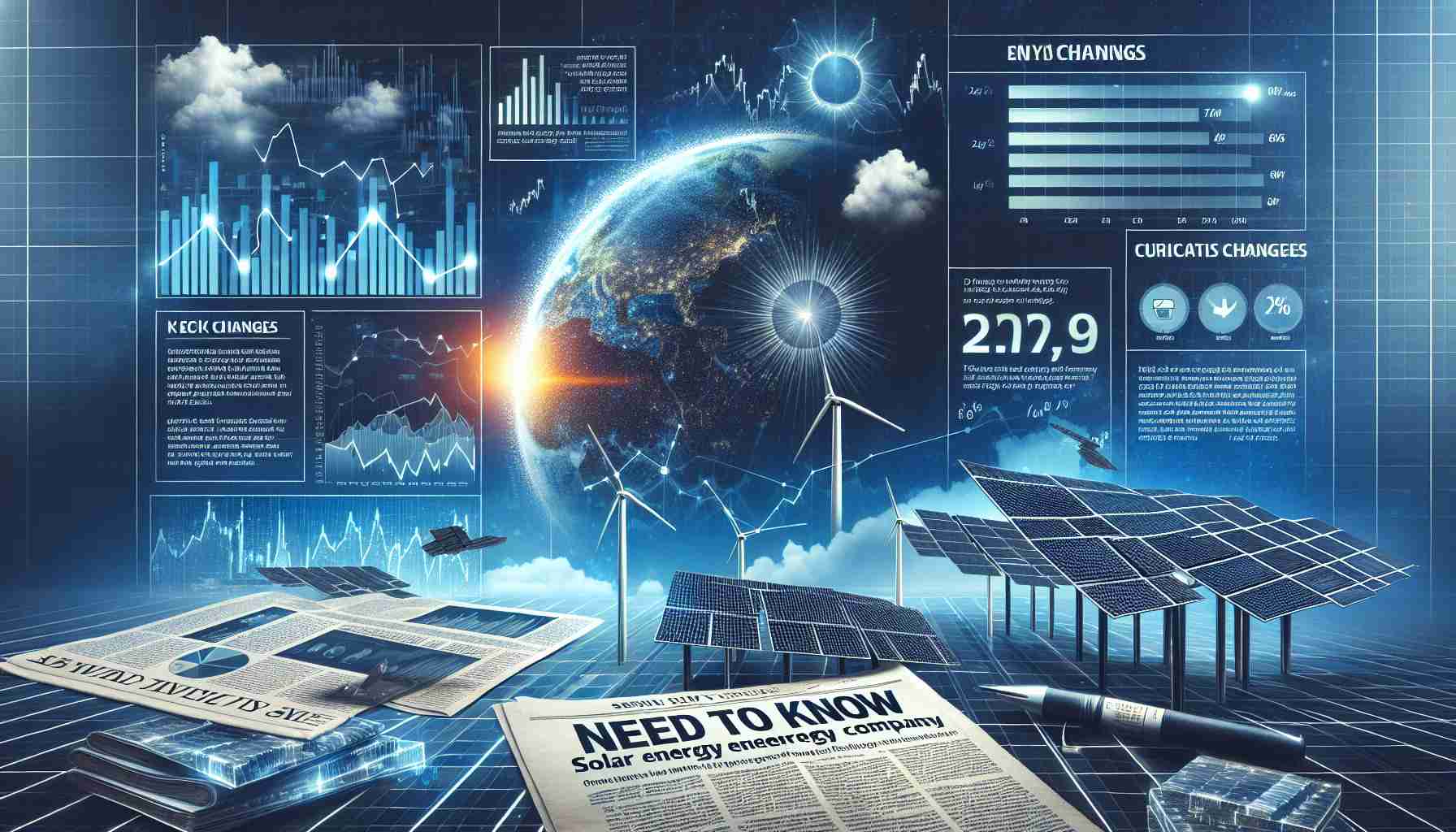 Generate a high-definition, realistic image that visually represents key changes in the investment landscape for a generic solar energy company. Include elements like fluctuating graphs, financial reports, newspaper headlines highlighting crucial changes, and possibly a symbolic representation of sun and solar panels to represent the solar energy sector. Make sure to convey the message of 'need to know' important information.