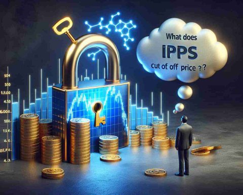 Create an image that represents the concept of 'Unlocking the Secrets of IPOs' in a realistic, high-definition style. Feature a symbolic key entering a padlock, with the padlock designed to resemble a stock market chart. Past the opened padlock, reveal a multitude of golden coins signifying wealth. Include the question 'What Does Cut Off Price Mean?' in a thought bubble originating from a person viewing the scene, representing an investor learning about the stock market.